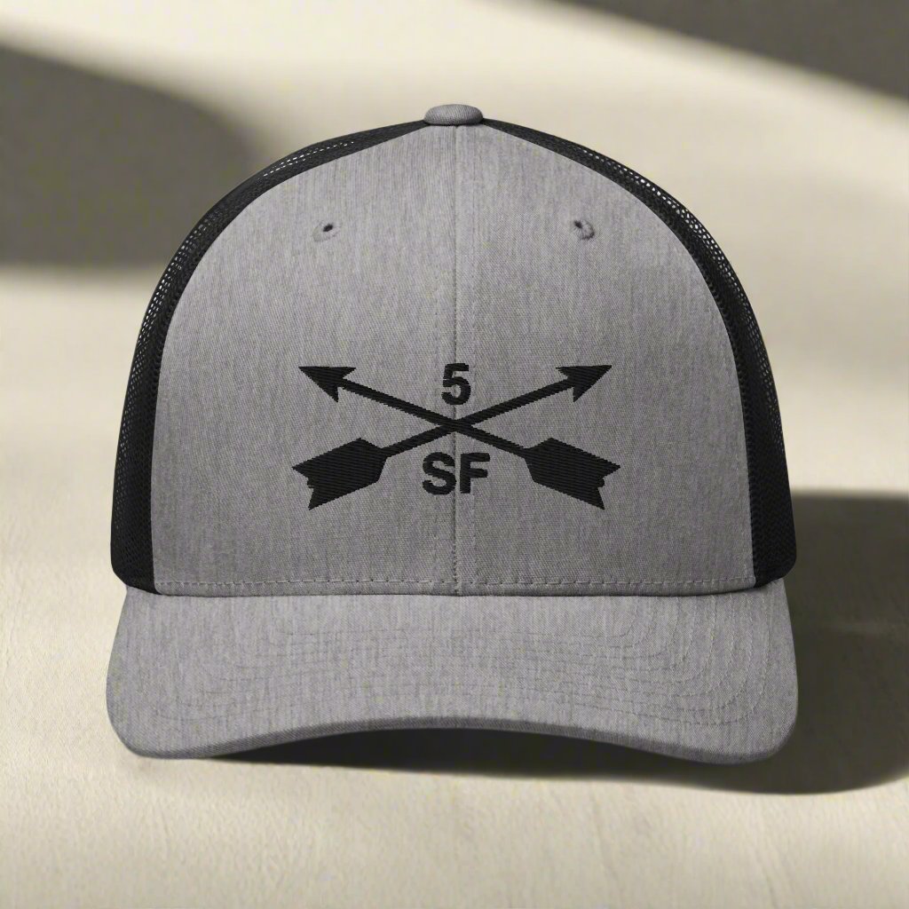 5th special forces group embroidered trucker hat. Embroidery design of two crossed arrows with a 5 above and SF below.