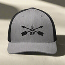 5th special forces group embroidered trucker hat. Embroidery design of two crossed arrows with a 5 above and SF below.