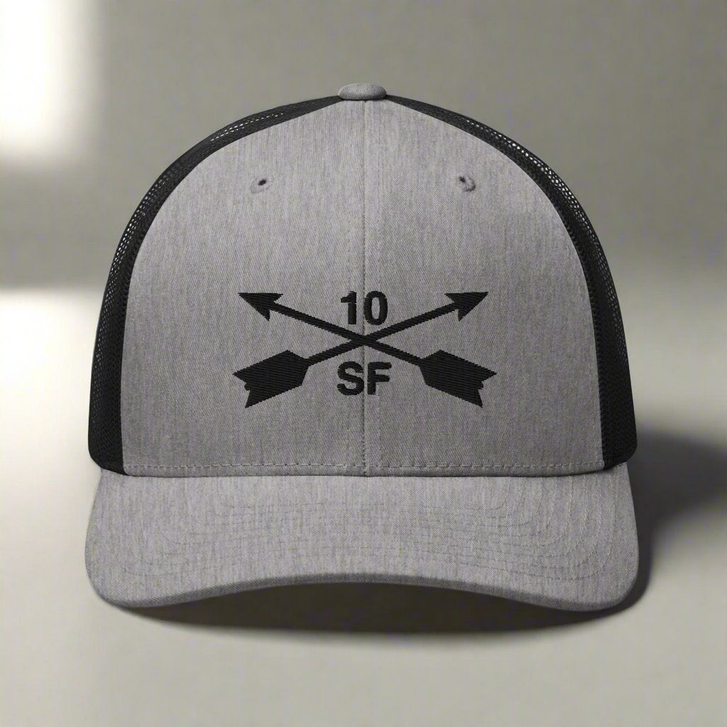 10th special forces group embroidered trucker hat. Embroidery design of two crossed arrows with a 10 above and SF below.