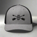 20th special forces group embroidered trucker hat. Embroidery design of two crossed arrows with a 20 above and SF below.