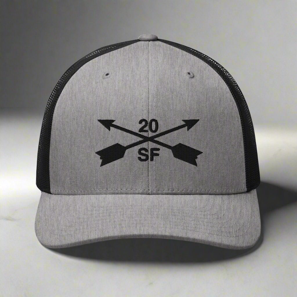 20th special forces group embroidered trucker hat. Embroidery design of two crossed arrows with a 20 above and SF below.