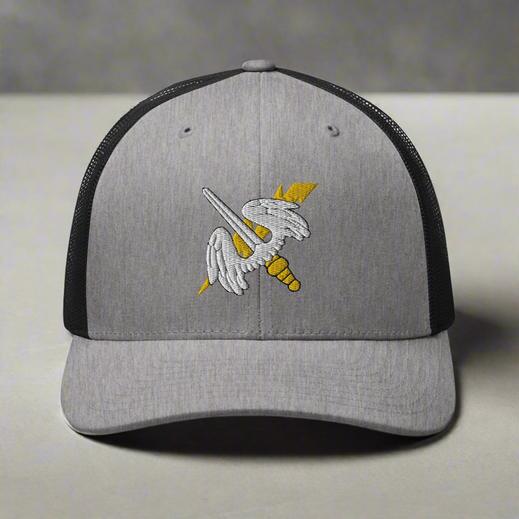 158th aviation regiment insignia on a snapback trucker hat.