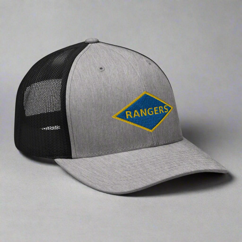 World War 2 blue ranger diamond embroidered on a snapback trucker hat.