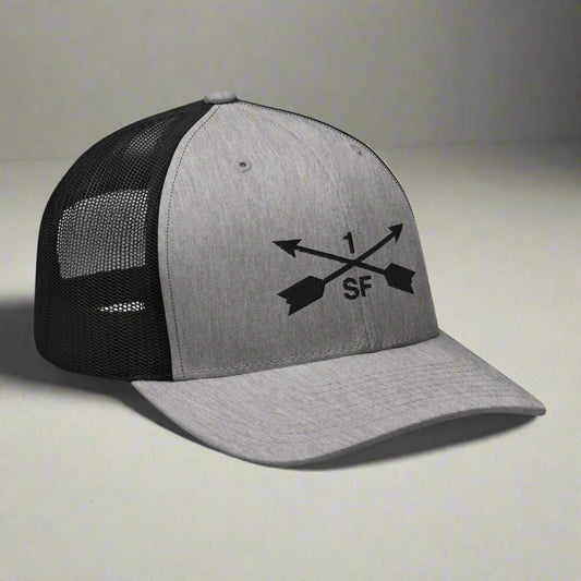 1st special forces group embroidered trucker hat with two crossed arrows and the 1 above and SF below.