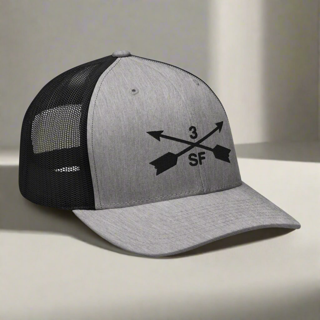 3rd special forces group embroidered trucker hat. Embroidery design of two crossed arrows with a 3 above and SF below.