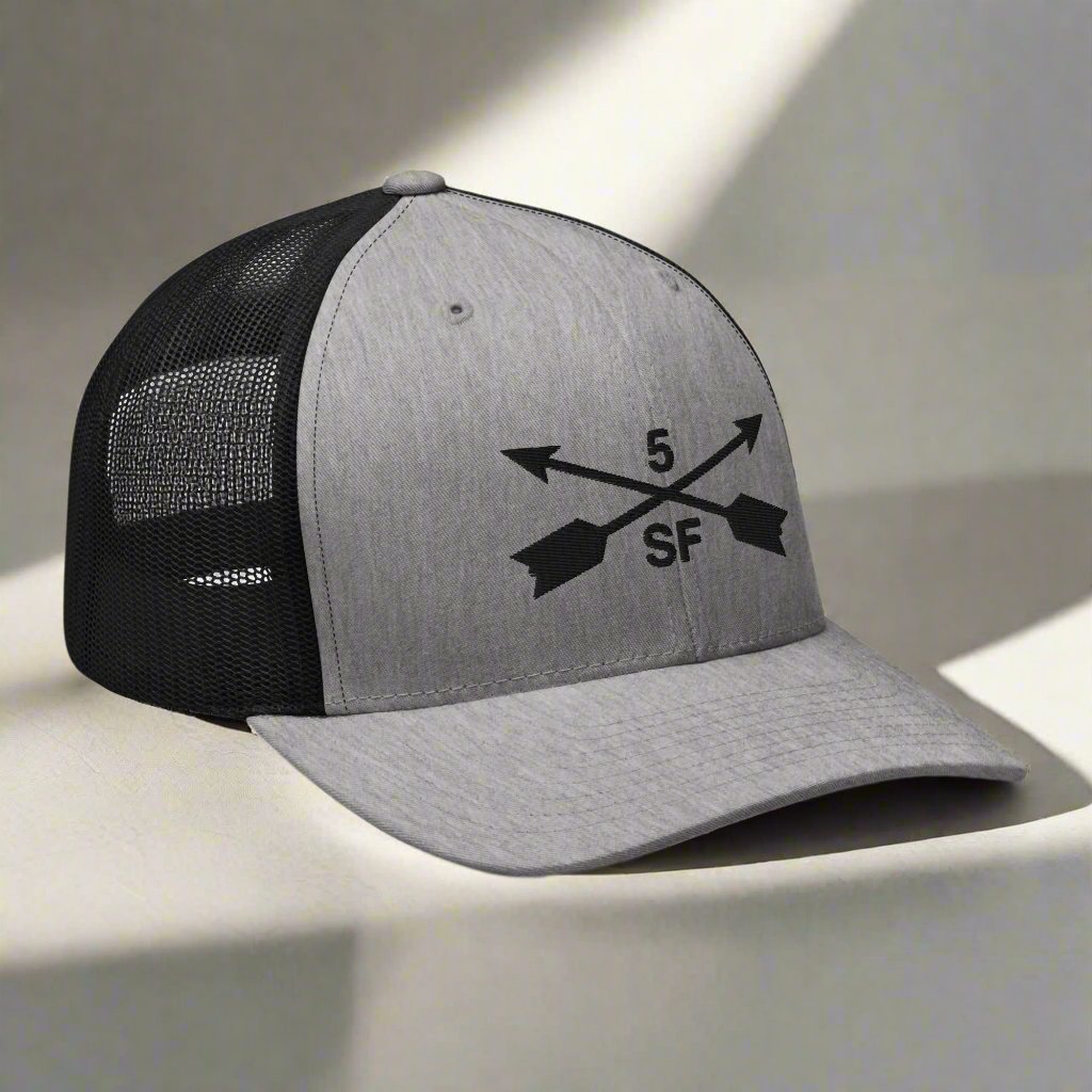 5th special forces group embroidered trucker hat. Embroidery design of two crossed arrows with a 5 above and SF below.