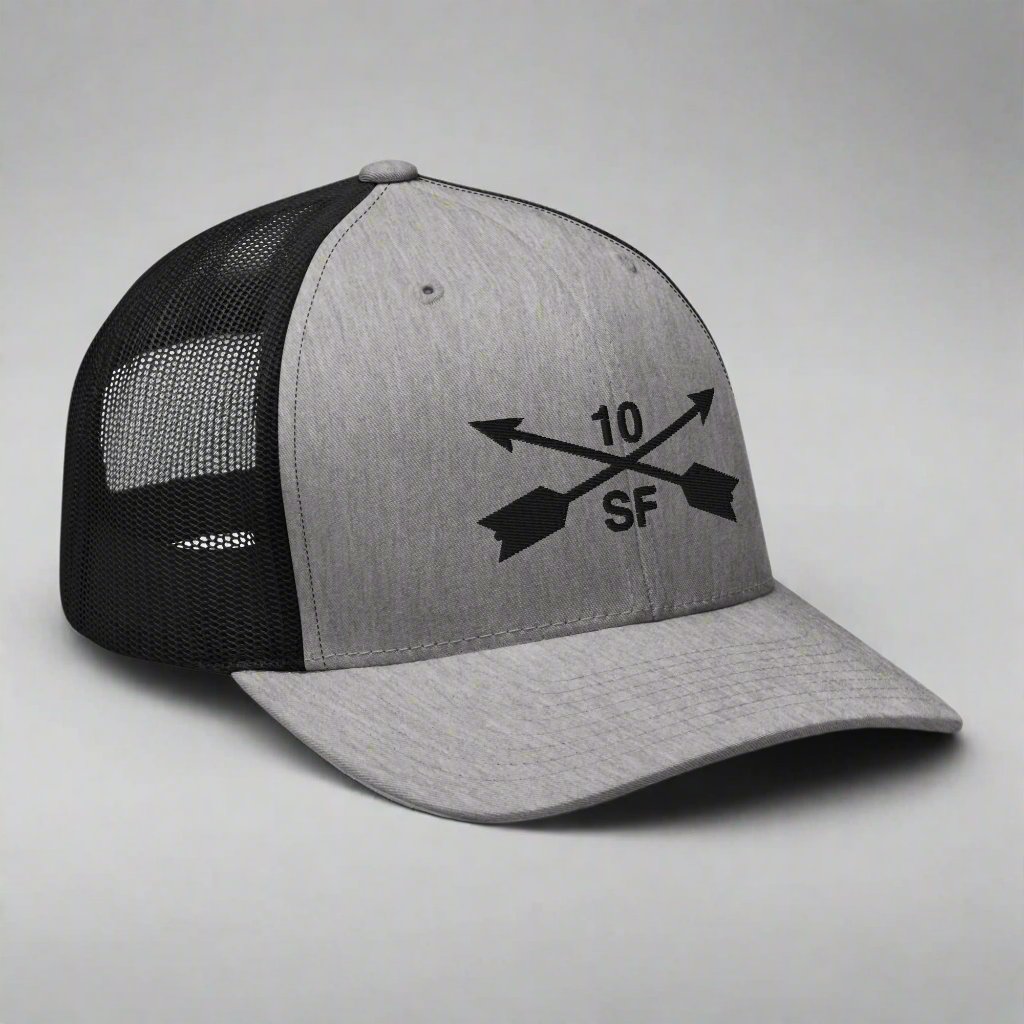 10th special forces group embroidered trucker hat. Embroidery design of two crossed arrows with a 10 above and SF below.