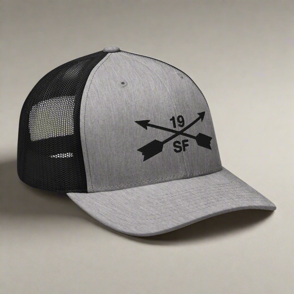 19th special forces group embroidered trucker hat. Embroidery design of two crossed arrows with a 19 above and SF below.