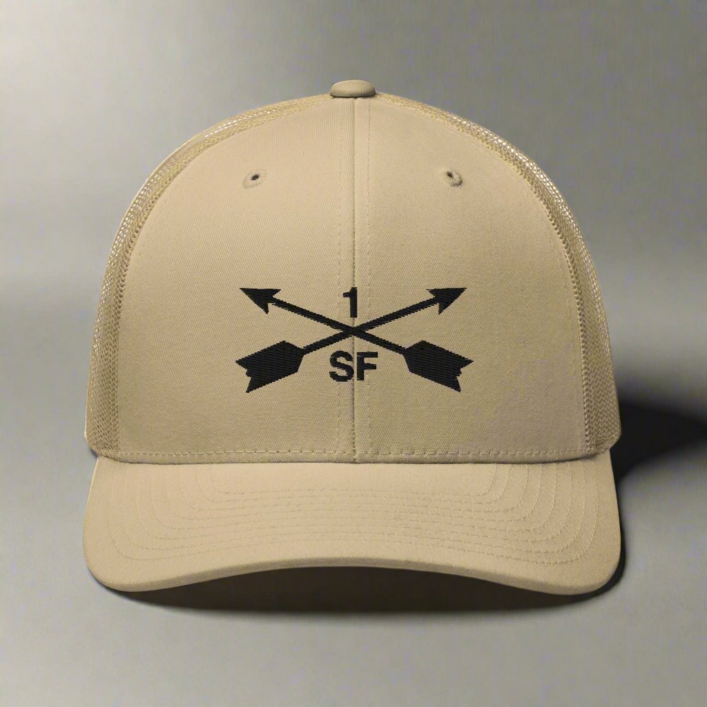 1st special forces group embroidered trucker hat with two crossed arrows and the 1 above and SF below.