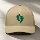 air force pararescue pj green feet embroidered on a snapback trucker hat.