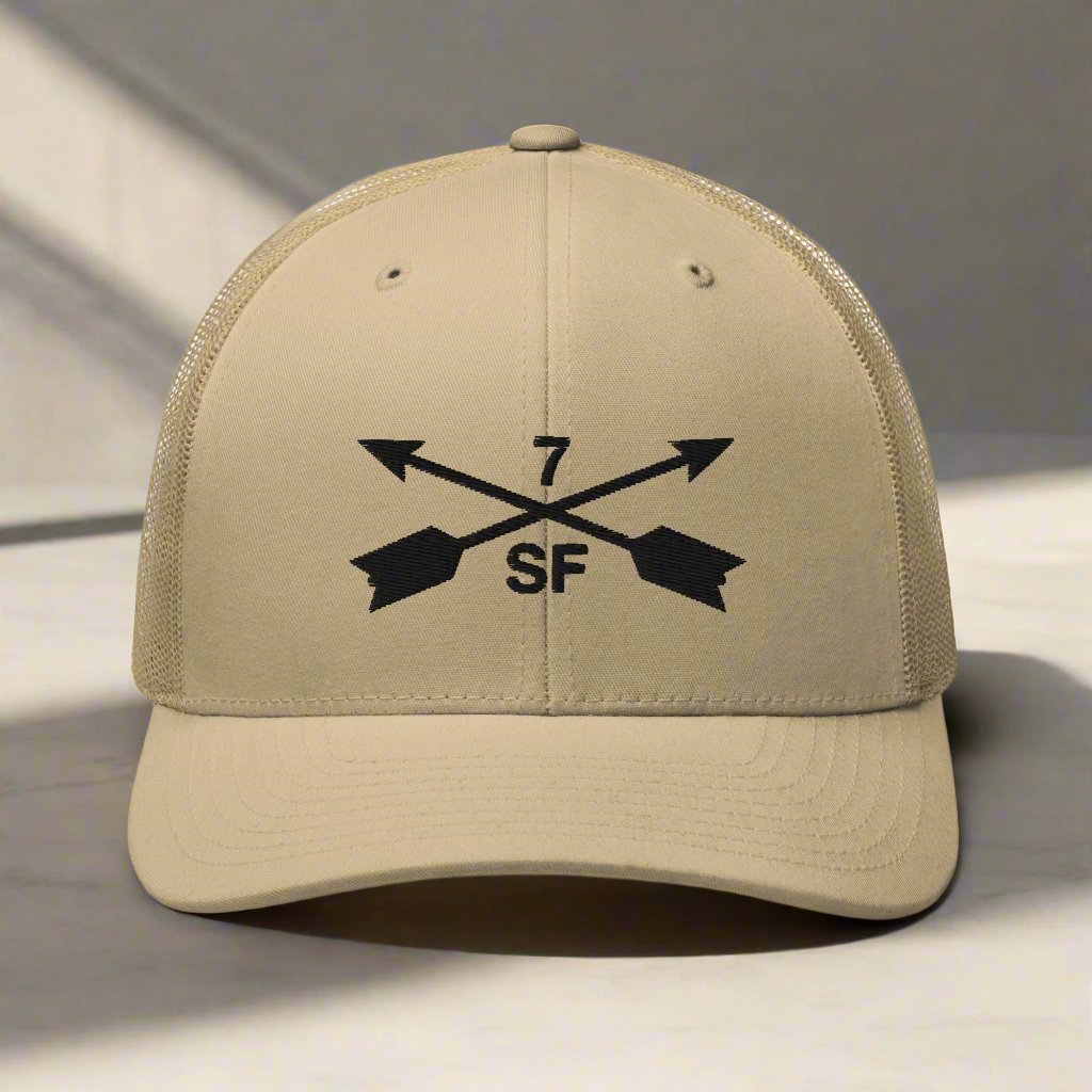 7th special forces group embroidered trucker hat. Embroidery design of two crossed arrows with a 7 above and SF below.