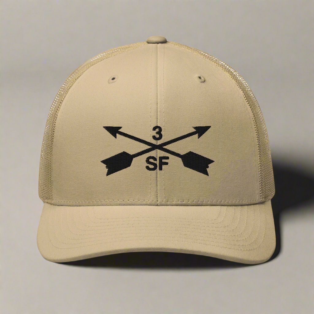 3rd special forces group embroidered trucker hat. Embroidery design of two crossed arrows with a 3 above and SF below.