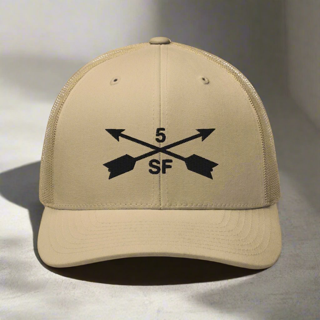 5th special forces group embroidered trucker hat. Embroidery design of two crossed arrows with a 5 above and SF below.