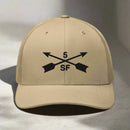 5th special forces group embroidered trucker hat. Embroidery design of two crossed arrows with a 5 above and SF below.