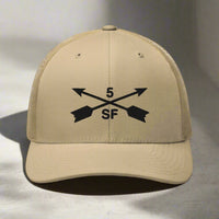 5th special forces group embroidered trucker hat. Embroidery design of two crossed arrows with a 5 above and SF below.