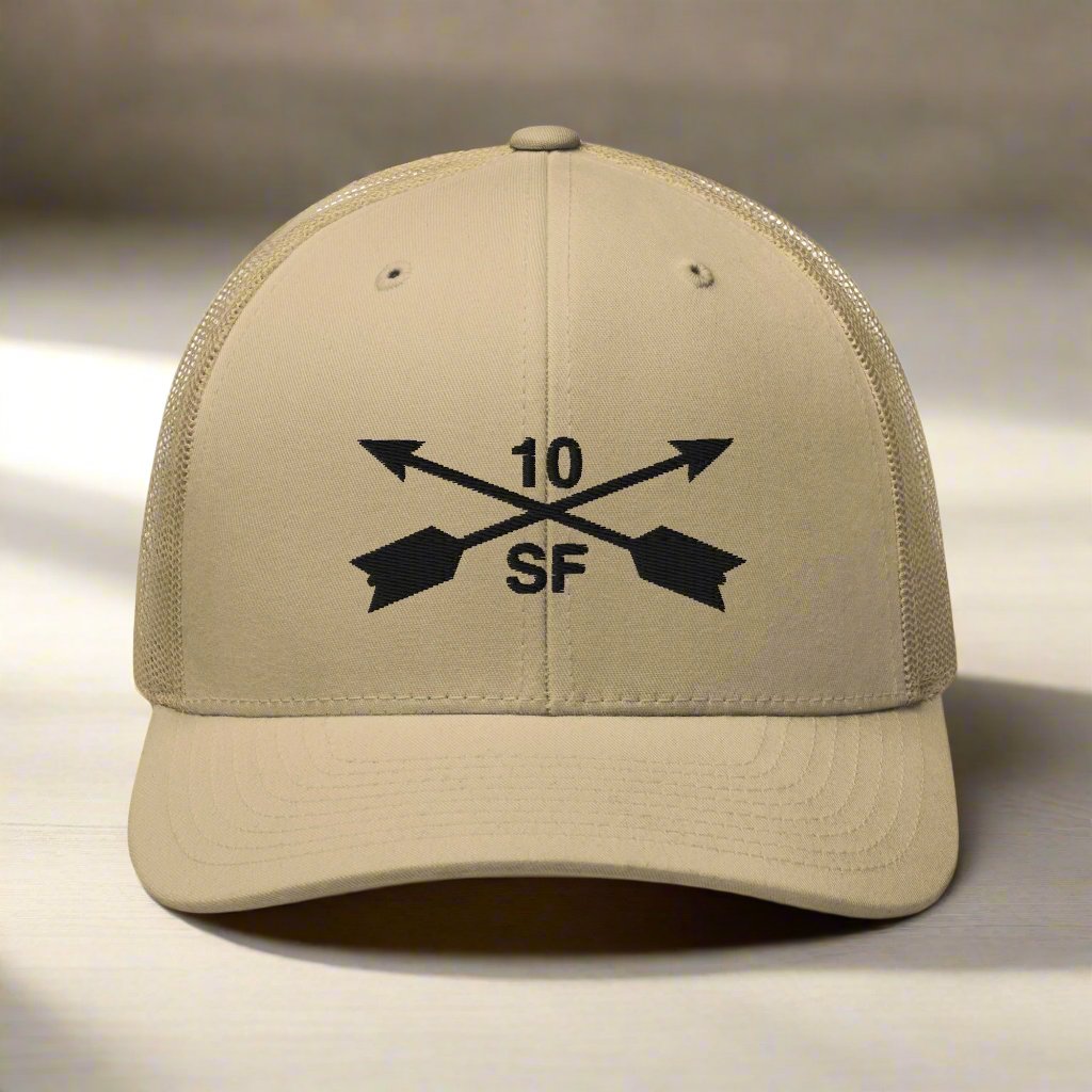 10th special forces group embroidered trucker hat. Embroidery design of two crossed arrows with a 10 above and SF below.