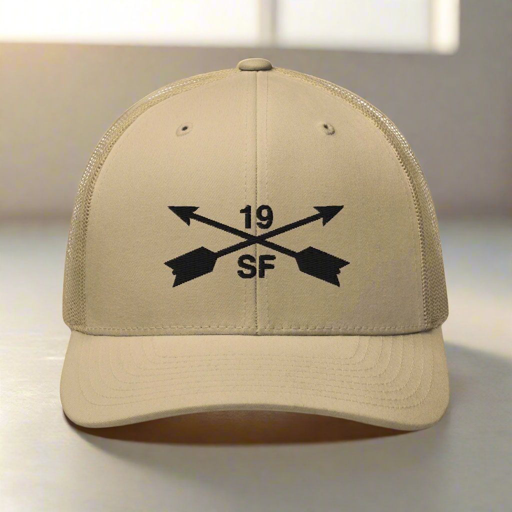 19th special forces group embroidered trucker hat. Embroidery design of two crossed arrows with a 19 above and SF below.