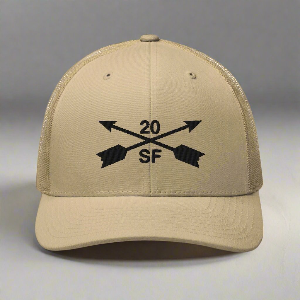 20th special forces group embroidered trucker hat. Embroidery design of two crossed arrows with a 20 above and SF below.