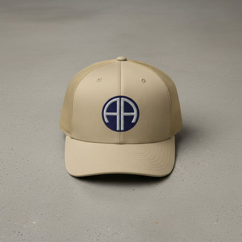82nd airborne insignia embroidered on a snapback trucker hat
