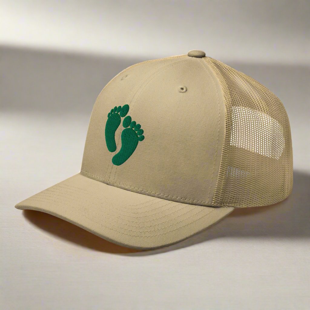 air force pararescue pj green feet embroidered on a snapback trucker hat.