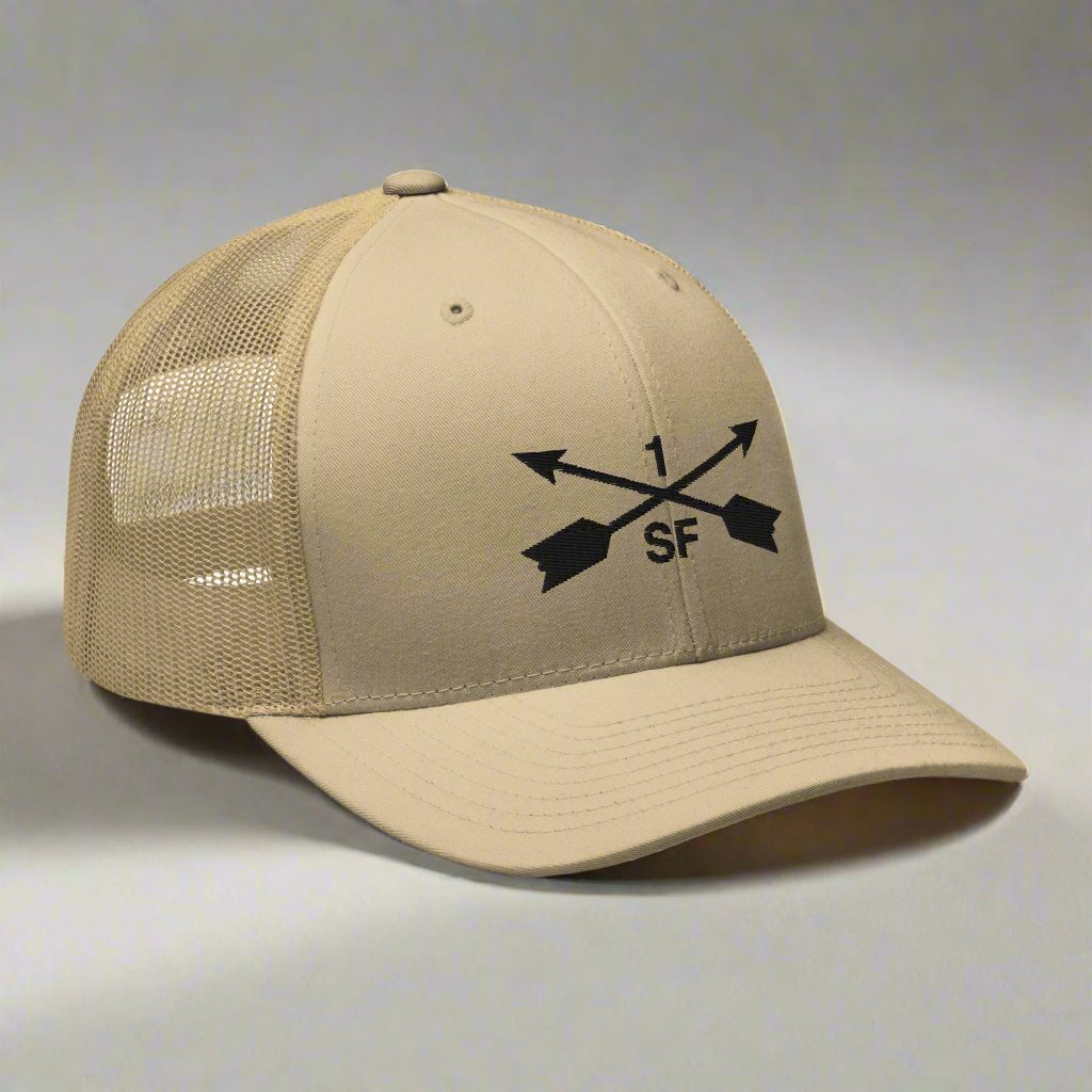 1st special forces group embroidered trucker hat with two crossed arrows and the 1 above and SF below.