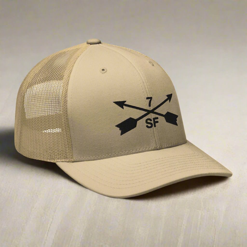 7th special forces group embroidered trucker hat. Embroidery design of two crossed arrows with a 7 above and SF below.