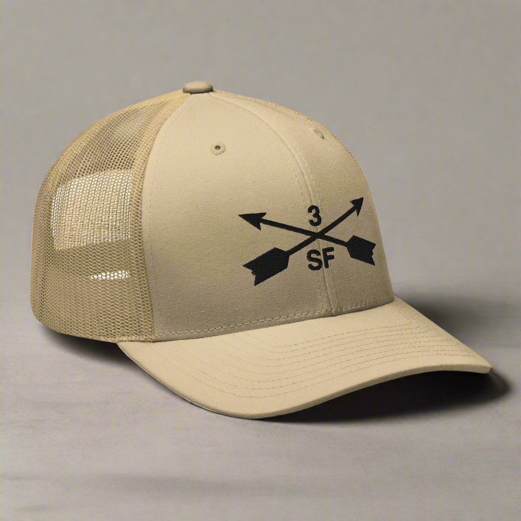 3rd special forces group embroidered trucker hat. Embroidery design of two crossed arrows with a 3 above and SF below.