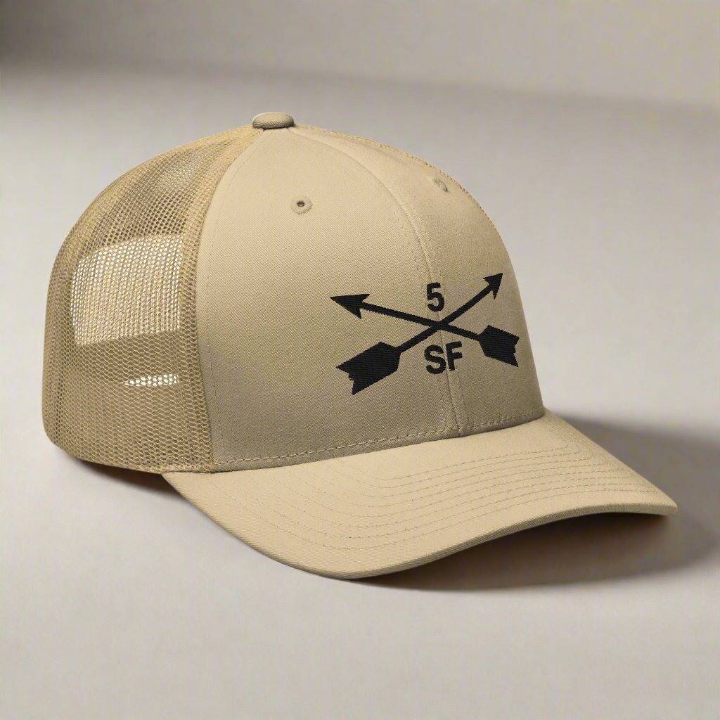 5th special forces group embroidered trucker hat. Embroidery design of two crossed arrows with a 5 above and SF below.