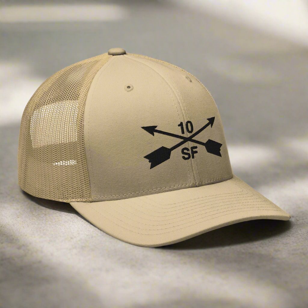 10th special forces group embroidered trucker hat. Embroidery design of two crossed arrows with a 10 above and SF below.