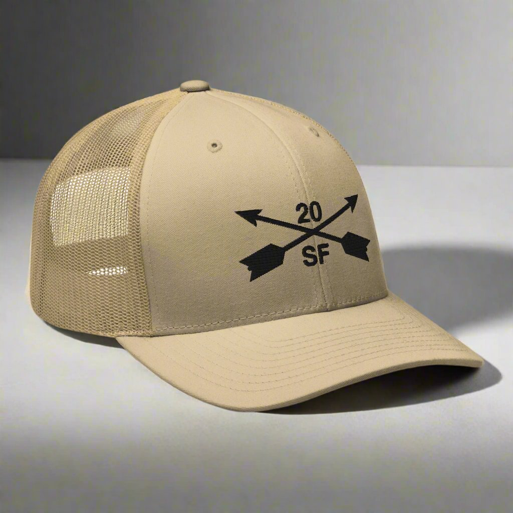 20th special forces group embroidered trucker hat. Embroidery design of two crossed arrows with a 20 above and SF below.