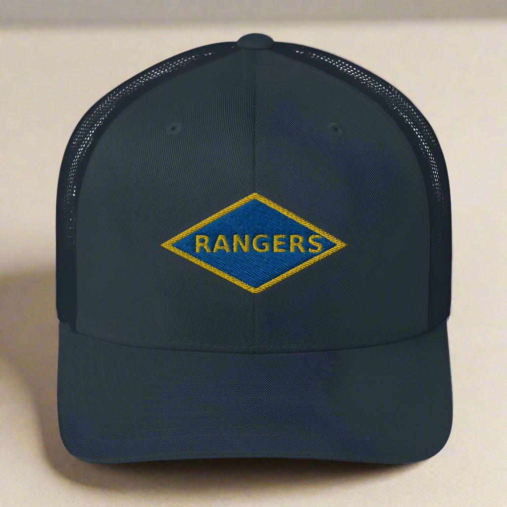 World War 2 blue ranger diamond embroidered on a snapback trucker hat.