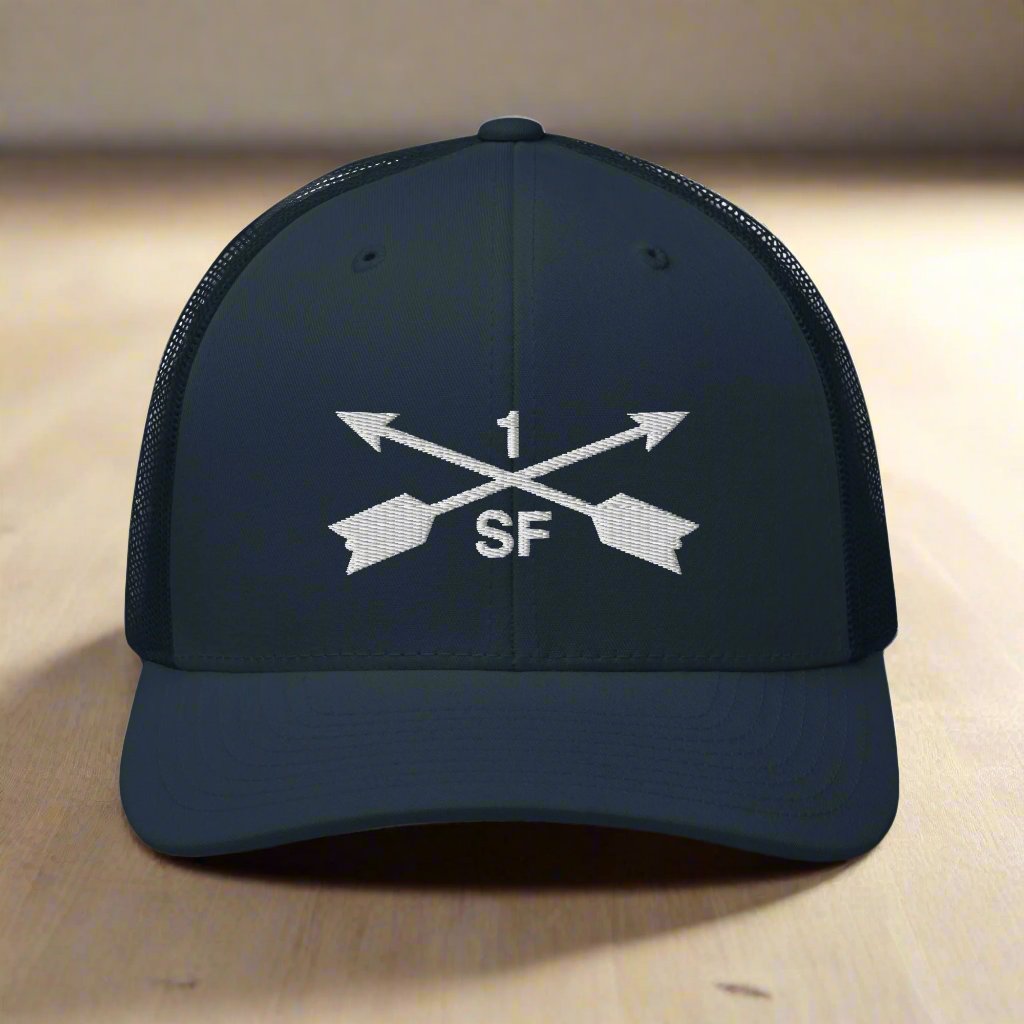 1st special forces group embroidered trucker hat with two crossed arrows and the 1 above and SF below.