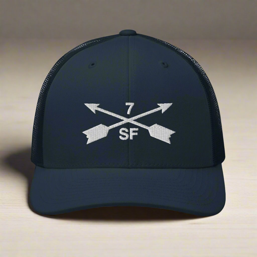 7th special forces group embroidered trucker hat. Embroidery design of two crossed arrows with a 7 above and SF below.