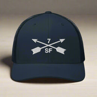7th special forces group embroidered trucker hat. Embroidery design of two crossed arrows with a 7 above and SF below.