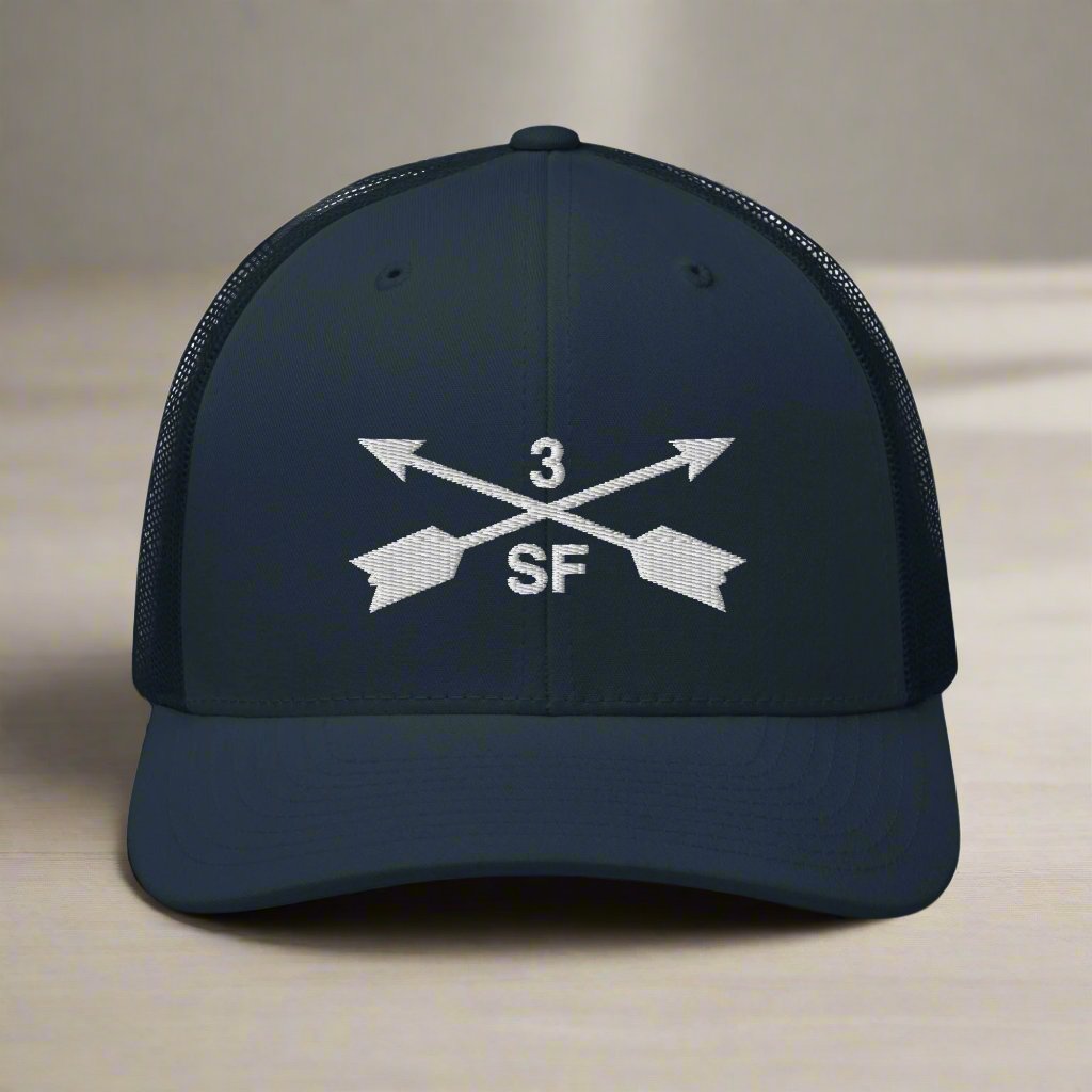 3rd special forces group embroidered trucker hat. Embroidery design of two crossed arrows with a 3 above and SF below.