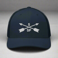 5th special forces group embroidered trucker hat. Embroidery design of two crossed arrows with a 5 above and SF below.