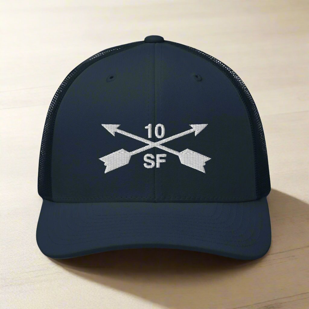 10th special forces group embroidered trucker hat. Embroidery design of two crossed arrows with a 10 above and SF below.