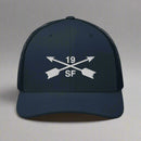 19th special forces group embroidered trucker hat. Embroidery design of two crossed arrows with a 19 above and SF below.