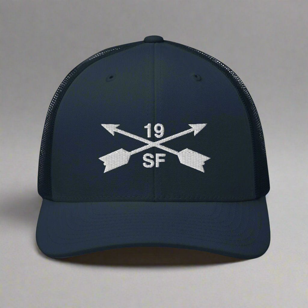 19th special forces group embroidered trucker hat. Embroidery design of two crossed arrows with a 19 above and SF below.