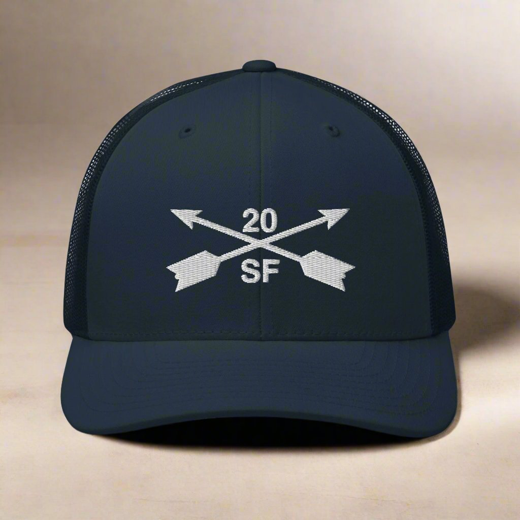 20th special forces group embroidered trucker hat. Embroidery design of two crossed arrows with a 20 above and SF below.