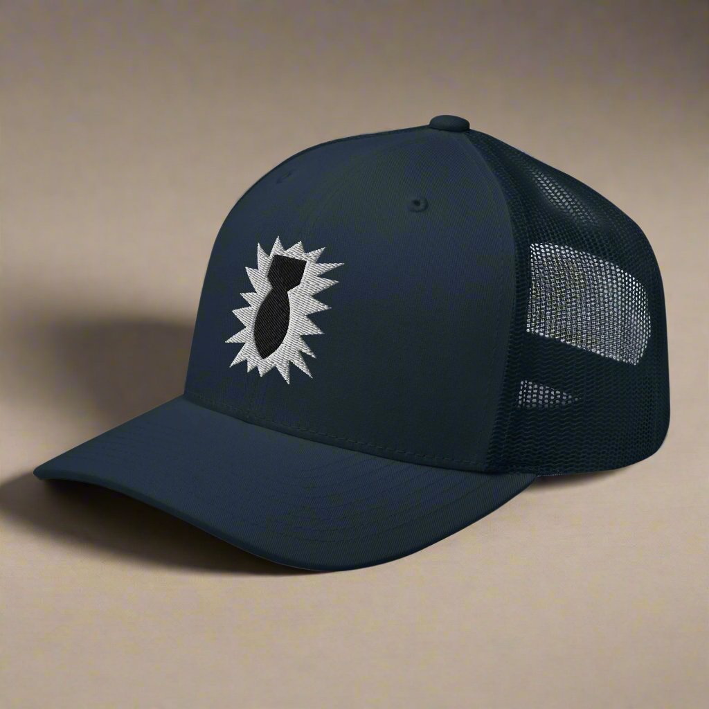 eod bomb insignia embroidered on a snapback trucker hat