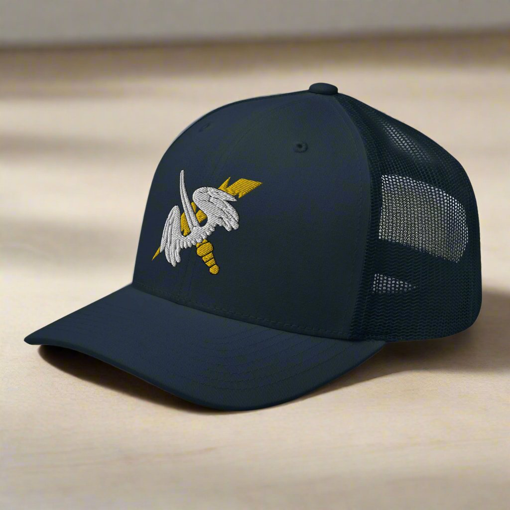 158th aviation regiment insignia on a snapback trucker hat.