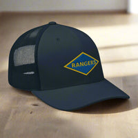 World War 2 blue ranger diamond embroidered on a snapback trucker hat.