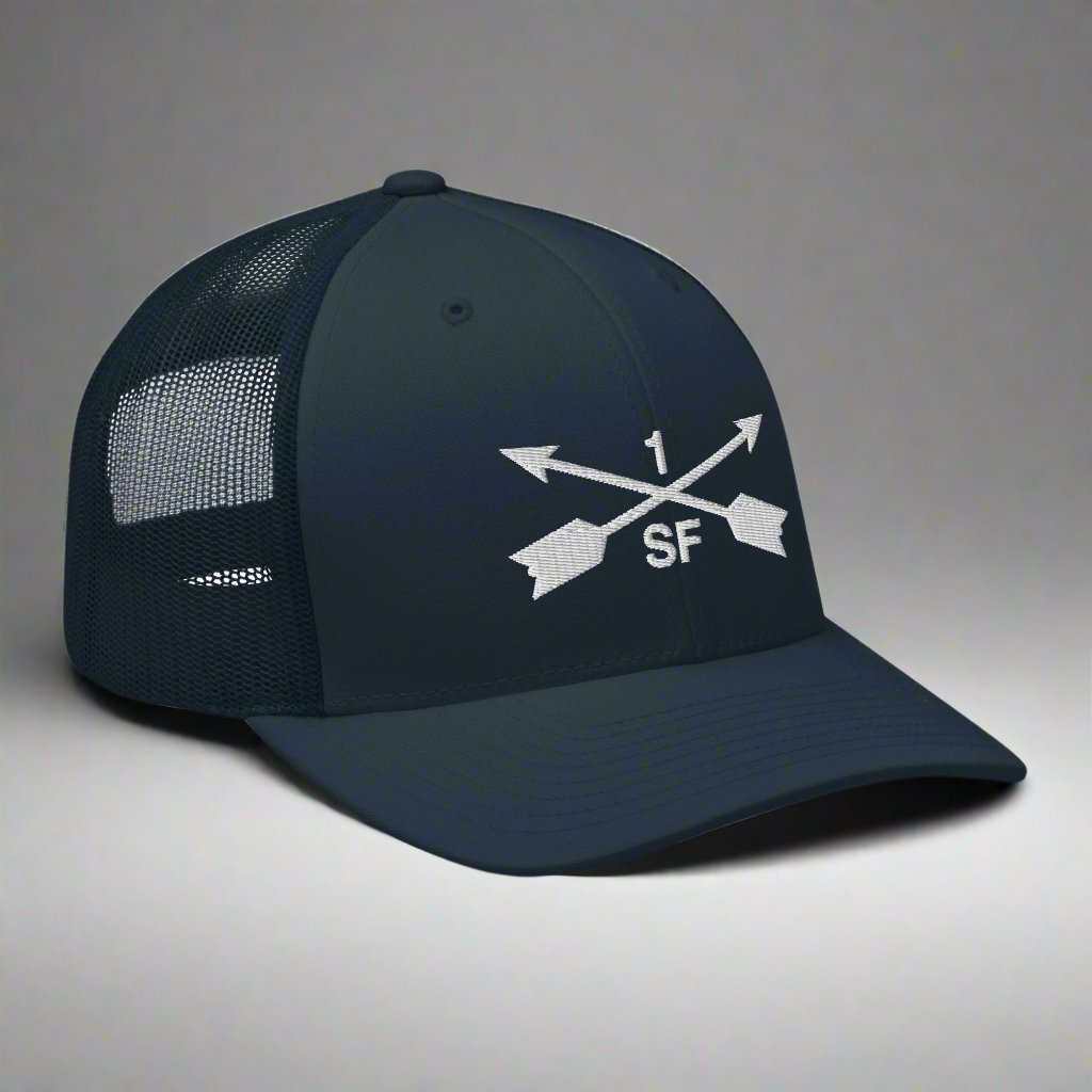 1st special forces group embroidered trucker hat with two crossed arrows and the 1 above and SF below.