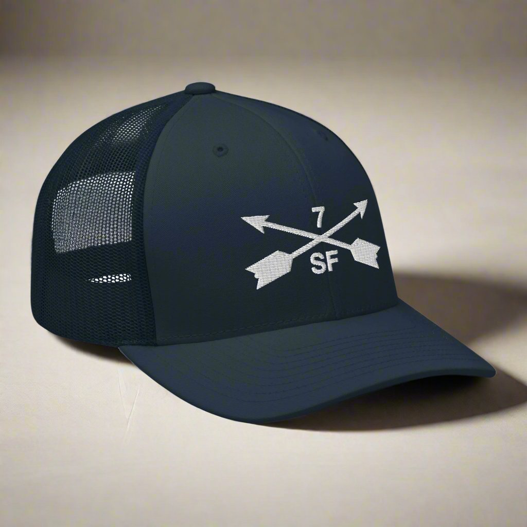 7th special forces group embroidered trucker hat. Embroidery design of two crossed arrows with a 7 above and SF below.