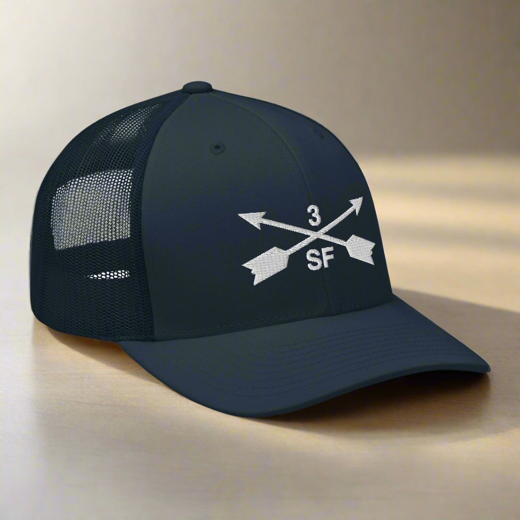 3rd special forces group embroidered trucker hat. Embroidery design of two crossed arrows with a 3 above and SF below.