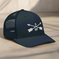 5th special forces group embroidered trucker hat. Embroidery design of two crossed arrows with a 5 above and SF below.