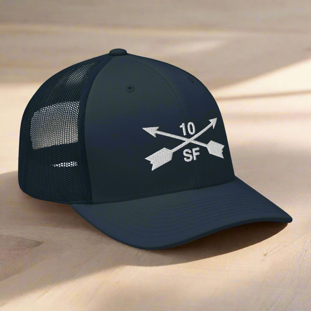 10th special forces group embroidered trucker hat. Embroidery design of two crossed arrows with a 10 above and SF below.