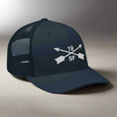 19th special forces group embroidered trucker hat. Embroidery design of two crossed arrows with a 19 above and SF below.