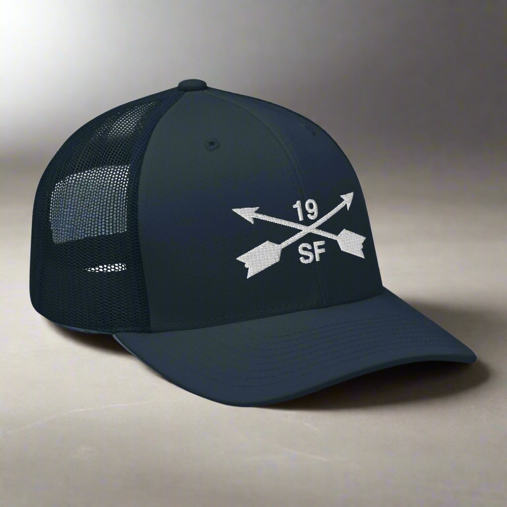 19th special forces group embroidered trucker hat. Embroidery design of two crossed arrows with a 19 above and SF below.